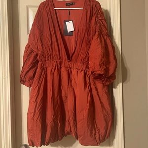 Plus Orange Puff Sleeve Puffball Hem Shift Dress